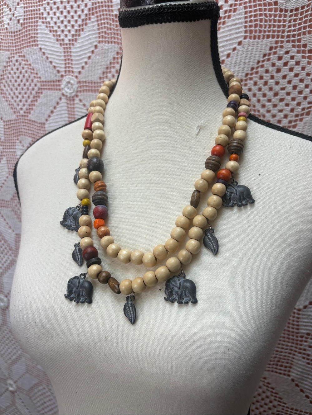 Boho Wood Bead Elephant Charm Necklace Double Strand